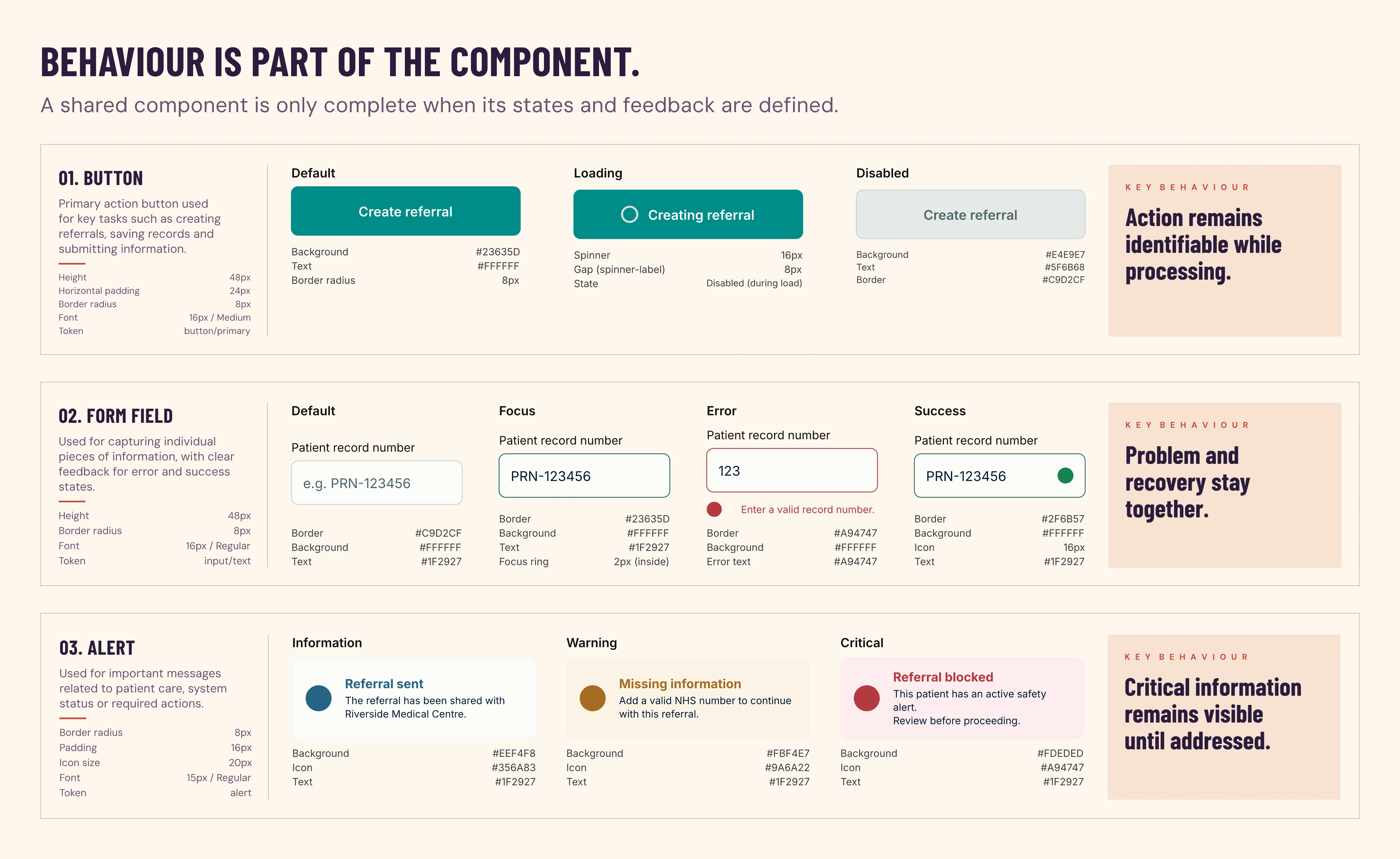 Healthcare design-system specification showing shared button, form-field and alert states with their interaction and feedback rules.